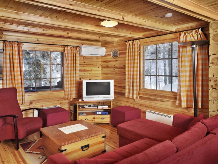 Lakka-mökin oleskelutila jossa TV, nojatuoli, sohva ja sohvapöytä.
