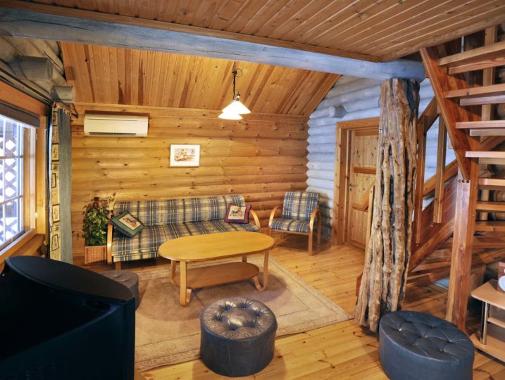Oravanpesän oleskelutila jossa vuodesohva ja TV.