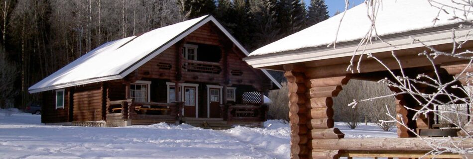 Pyöröhirsisen Karhunluolan ulkoaluetta talvimaisemassa, etualalla grillikatos.