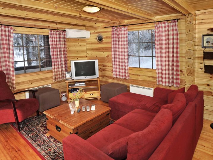 Puolukka-mökin oleskelutila jossa TV, nojatuoli, sohva ja sohvapöytä.