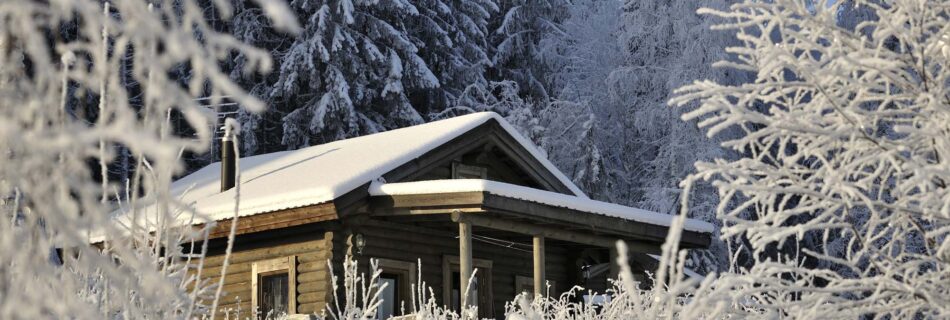 Pyöröhirsinen torppa huurteisten puiden takana