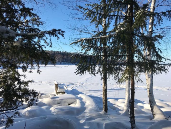 Kärkimökin laituri paistattelee talvisäässä