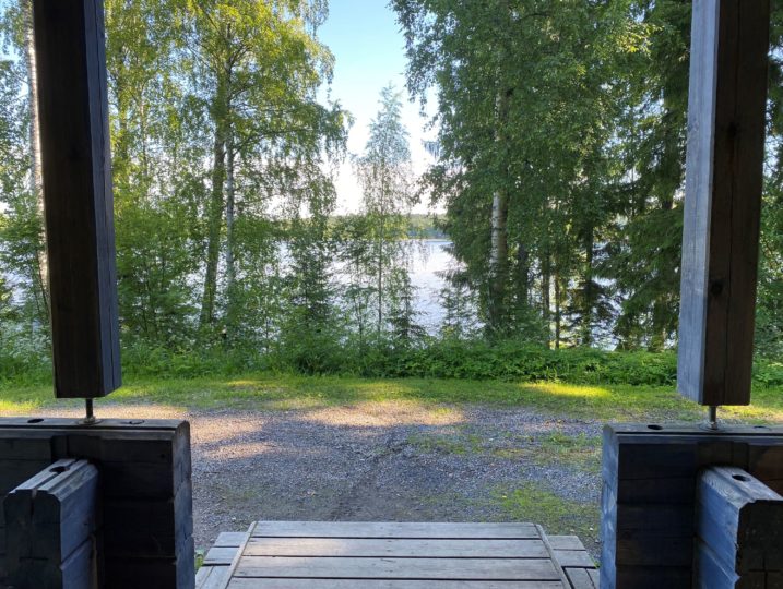 Iso-Roine siintää Mustikka-mökin edustalla, kesäaikaan näkymää järveltä suojaavat puiden lehdet.