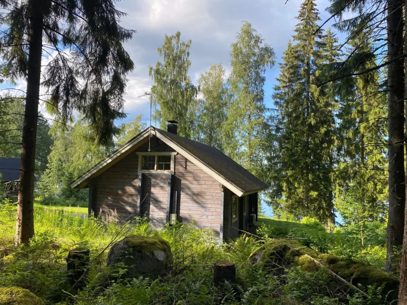 Mustikka hirsimökki Iso-Roineen kimaltaessa taustalla.